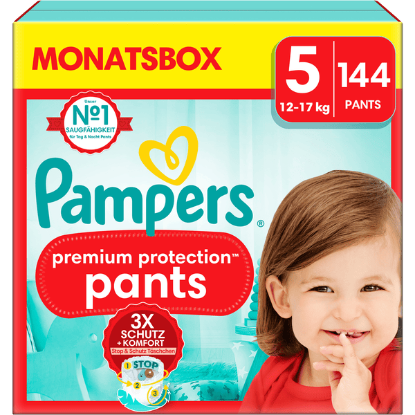 Pampers Premium Protection Pants, størrelse 5, 12-17 kg, månedlig boks (1x 144 bleier)