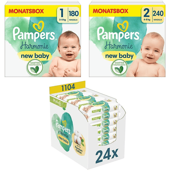 Pampers Harmonie maat 1 Newborn , 2-5 kg (180 luiers), maat 2, 4kg - 8kg (240 luiers) en vochtige doekjes Harmonie New Baby, 1.104 doekjes (24 x 46 | pinkorblue.nl