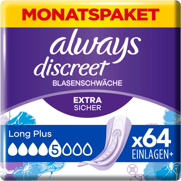 always discreet Inkontinenz-Einlagen, Long Plus Monatspaket bei Blasenschwäche, 64 Einlagen (4 Packungen x 16 Stück)