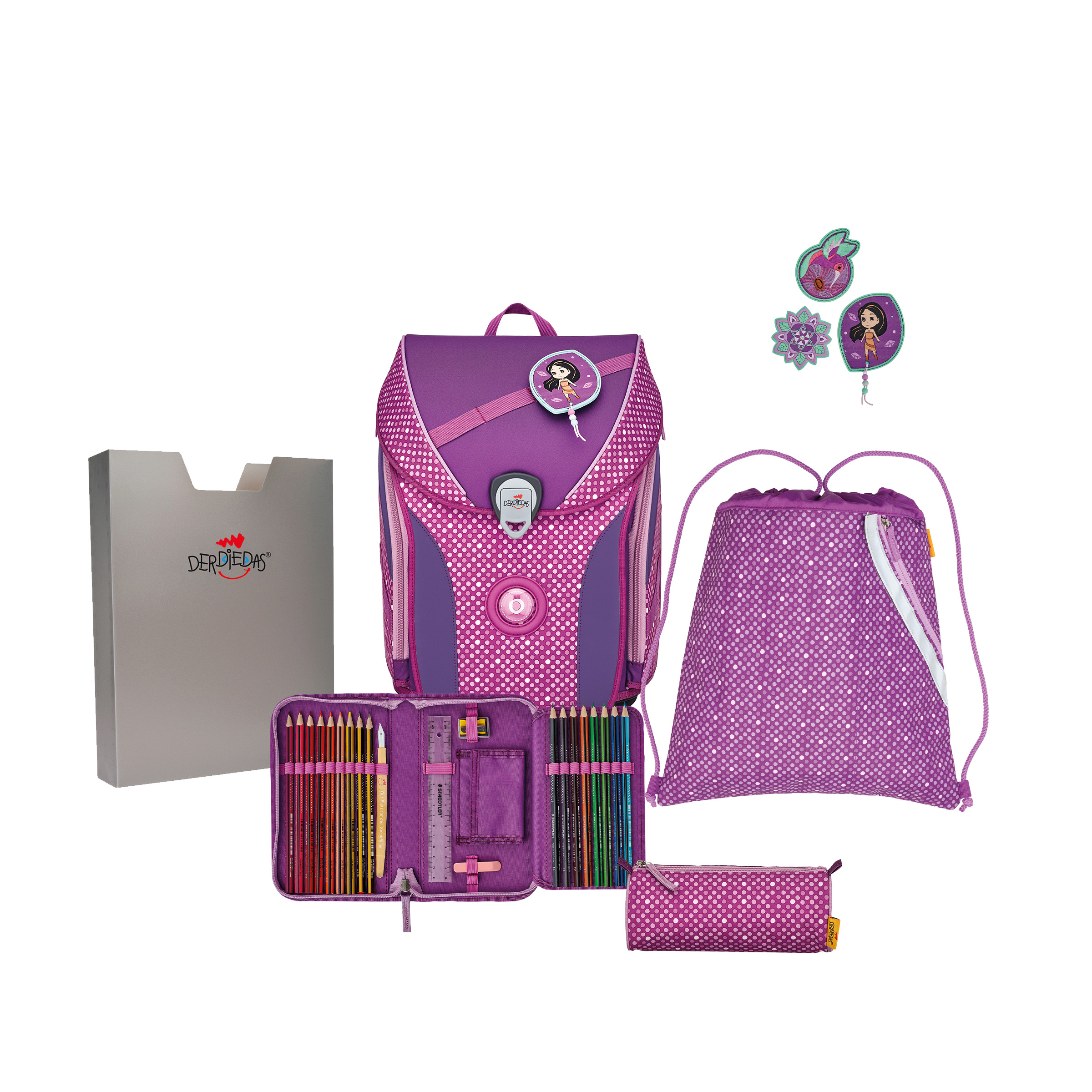 DerDieDas® Cartable d'école enfant ErgoFlex Max Purple Dots, 5 pièces