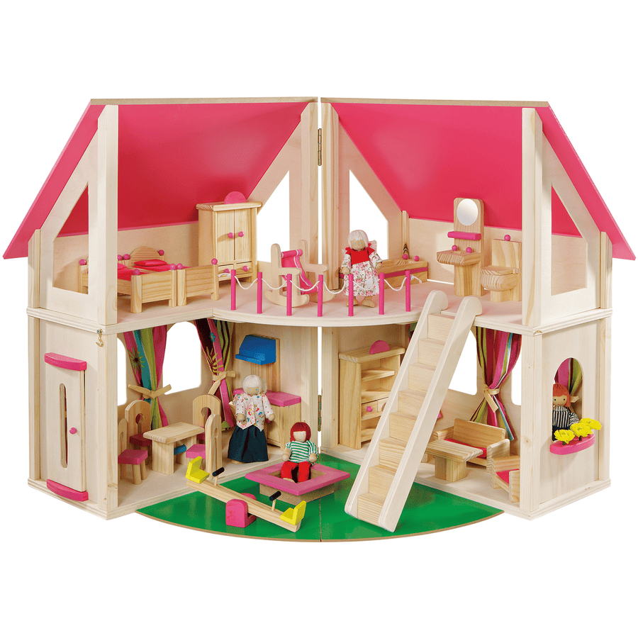howa® Puppenhaus klappbar inkl. 21-tlg.  Möbelset und 4 Puppen