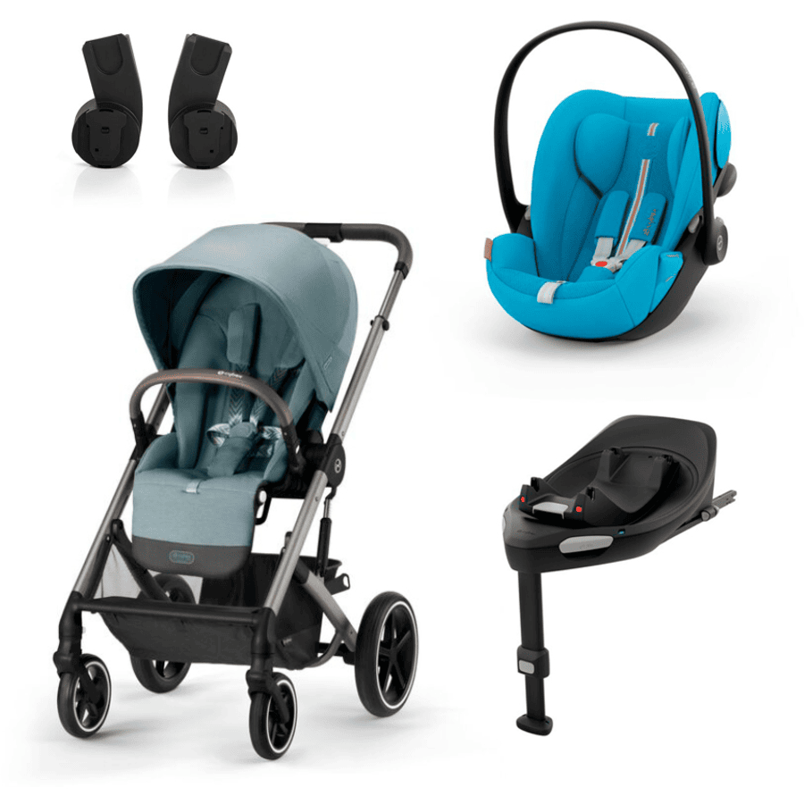 cybex GOLD Balios i-Size Lastenrattaat S Lux Taupe Sky Blue, johon sisältyy lastenistuin Cloud G sekä Beach Blue Base G -tukiasema ja sovitin.