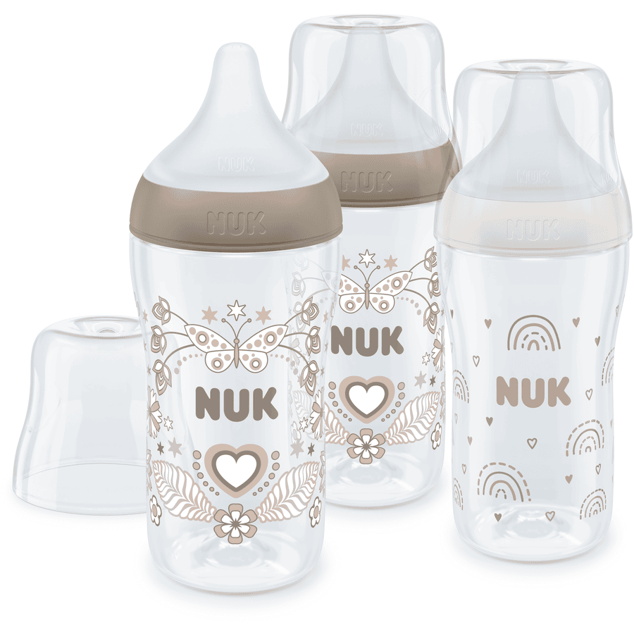NUK Perfect Match-flaskesett med 3 flasker med temperatur Control 260 ml fra 3 måneder i hvitt og beige