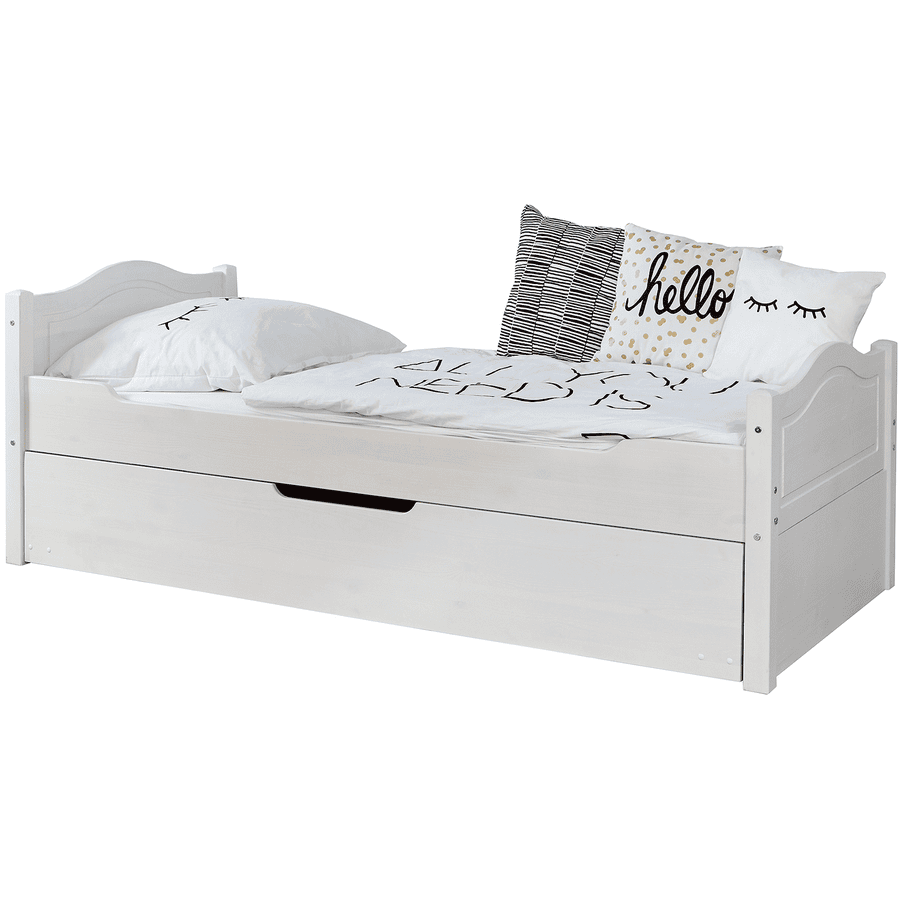 TiCAA Einzelbett Leni 90 x 200 cm Kiefer weiß mit Zusatzbett
