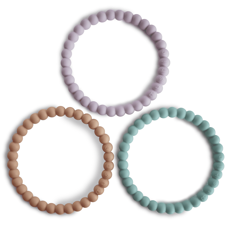 mushie Teething Ring Bead Bracelet, Lilac/Cyan/Soft Peach , 3 szt.