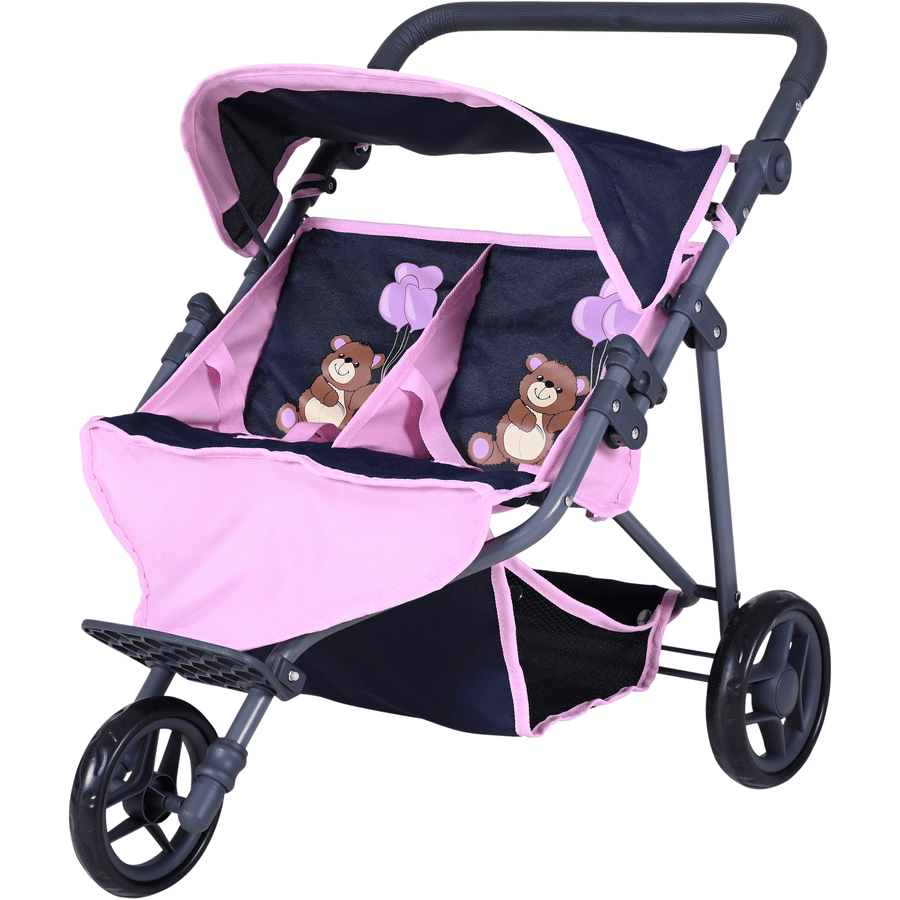 knorr toys® Zwillingspuppenwagen Duo - "Navy pink bear" blau