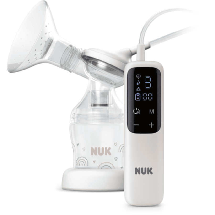 NUK Soft &amp; Easy sähköinen yksittäinen rintapumppu ladattavalla akulla ja pehmeillä rintaruokintaimilla sekä Perfect Match 150ml tuttipullolla.