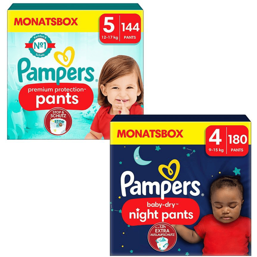 Pampers Protection Night Premium Pants, koko 5, 12-17kg (144 vaippaa) ja Baby-Dry Pants , koko 5 12-17kg (160 vaippaa).
