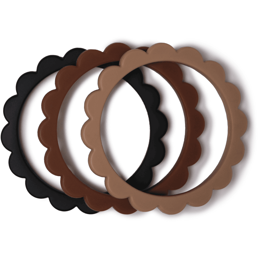 mushie Bijtring bloem armband, Black / Natural /karamel, 3 stuks