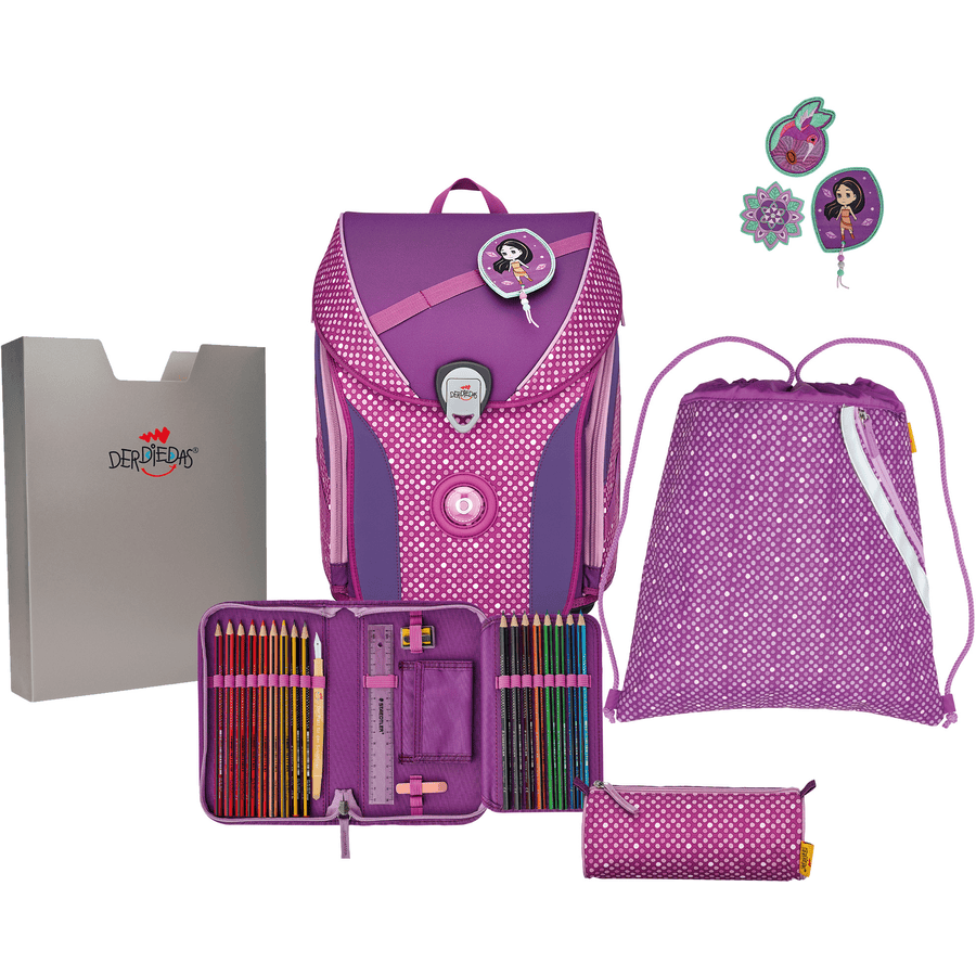 DerDieDas® Cartable d'école enfant ErgoFlex Max Purple Dots, 5 pièces