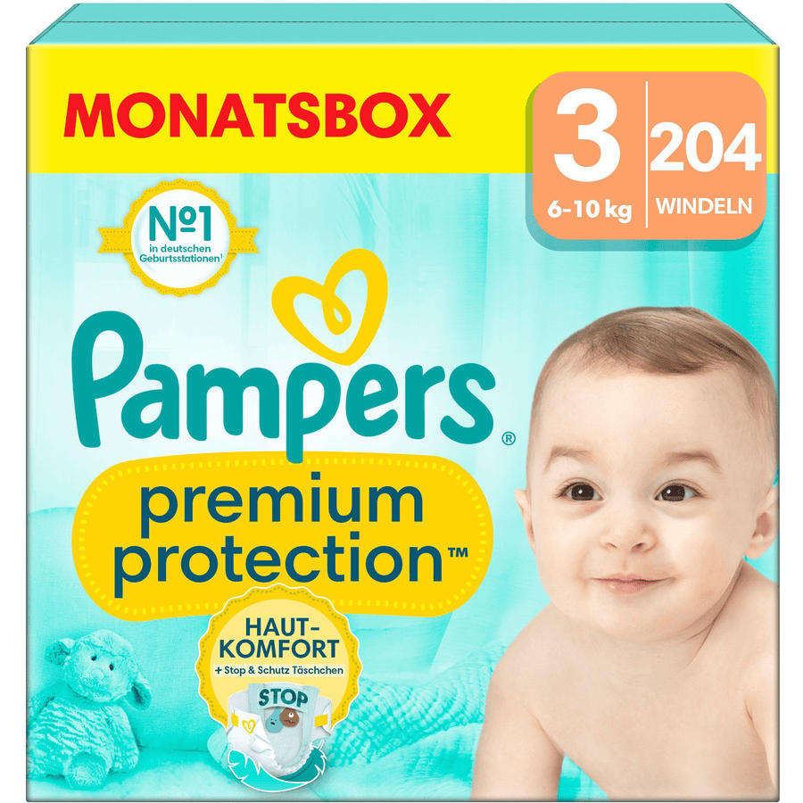 Pampers Couches Premium Protection taille 3 Midi 6-10 kg pack mensuel 1x204 pièces
