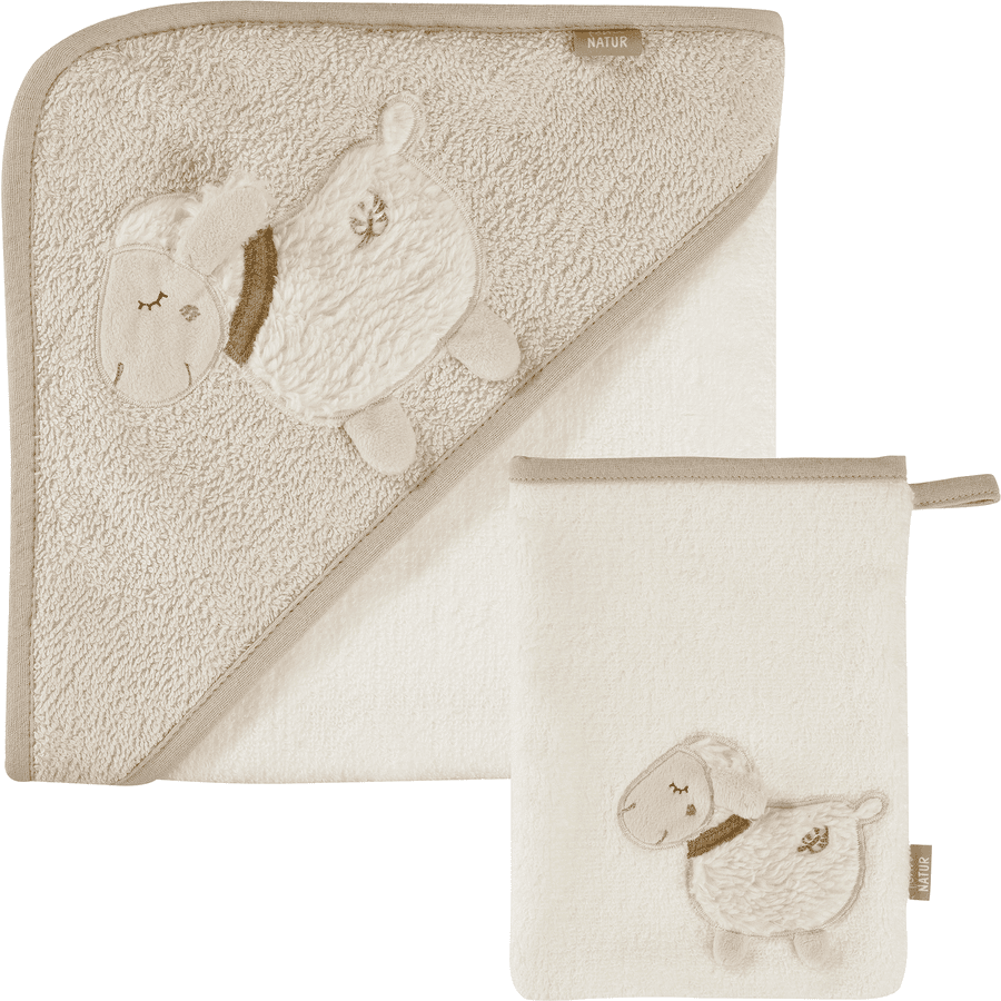 fehn® Cape de bain enfant et gant mouton NATURE 70x70 cm