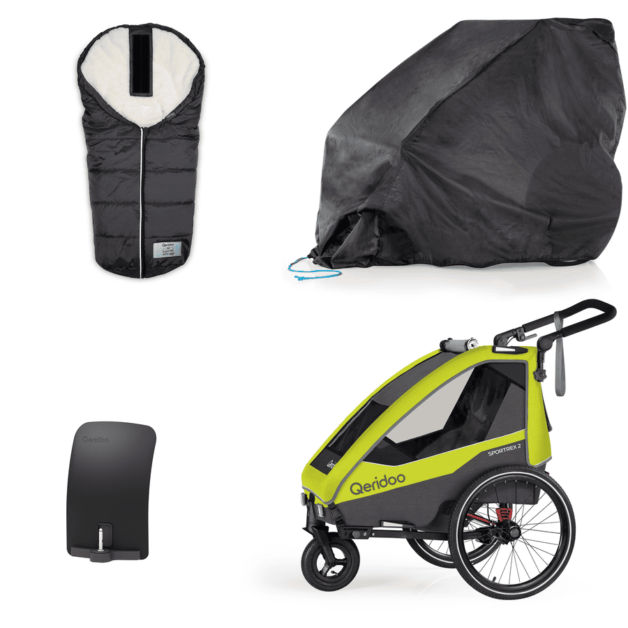 Limited Green Qeridoo® remolque para bicicletas infantiles Sportrex2 Edition Lime Collection 2023 incl. guardabarros, garaje plegable y cubrepiés