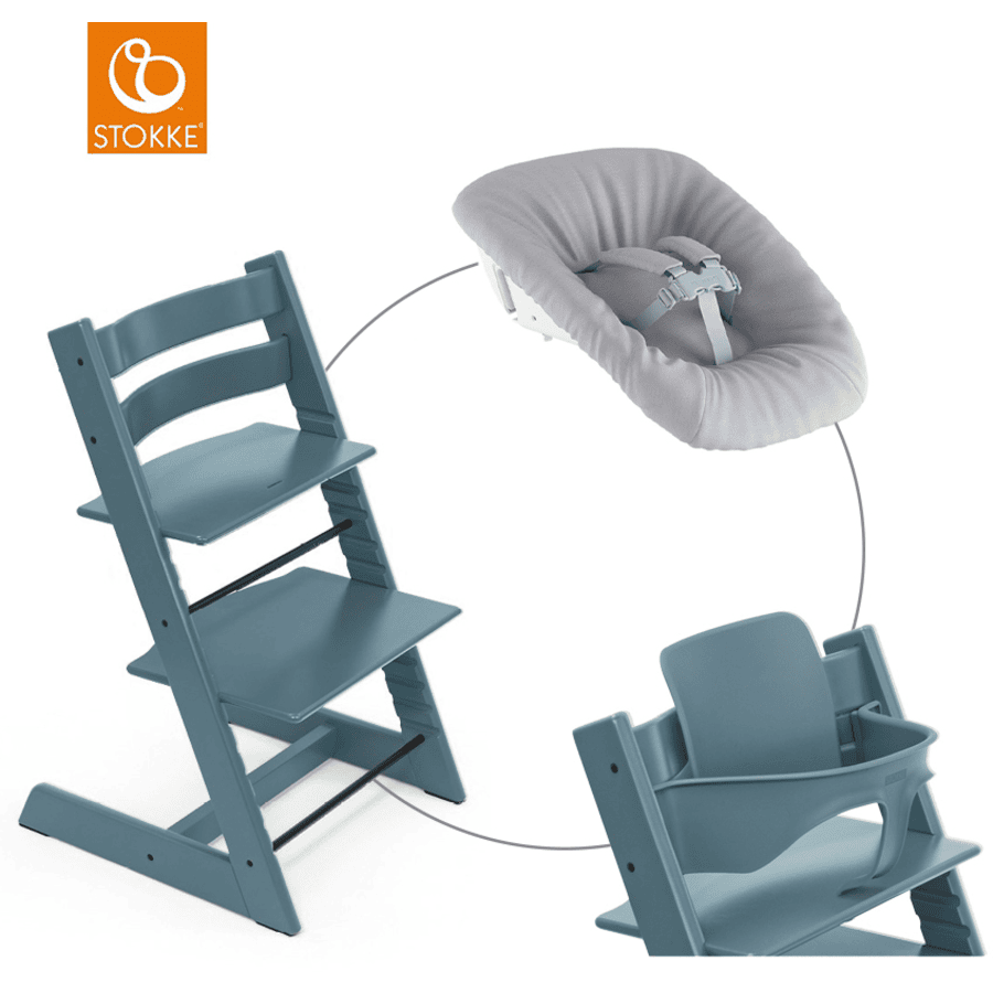 STOKKE® Mega Tripp Trapp® Set Hochstuhl Buche Fjord Blue inkl. Newborn Set™ Grey und Baby Set V1 Fjord Blue