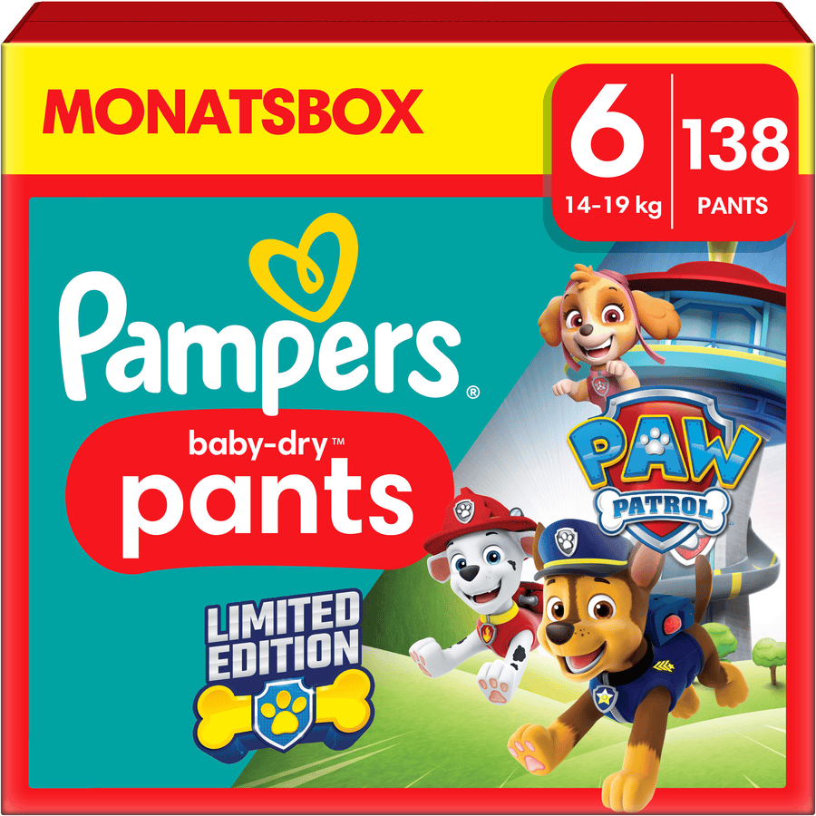 Pampers Baby-Dry Pants Paw Patrol, storlek 6 extra Large 14-19kg, månadsbox (1 x 138 blöjor)