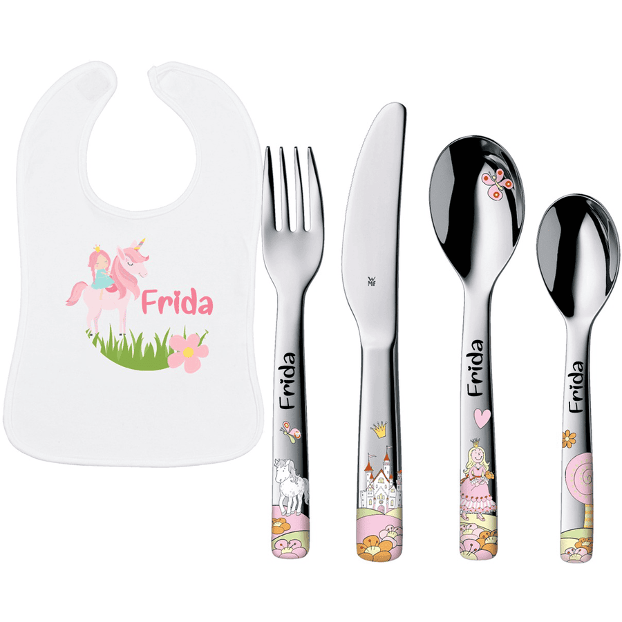 Schnullireich Geschenkset mit Namen WMF Kinderbesteck Anneli + Baby Lätzchen Einhorn Silber