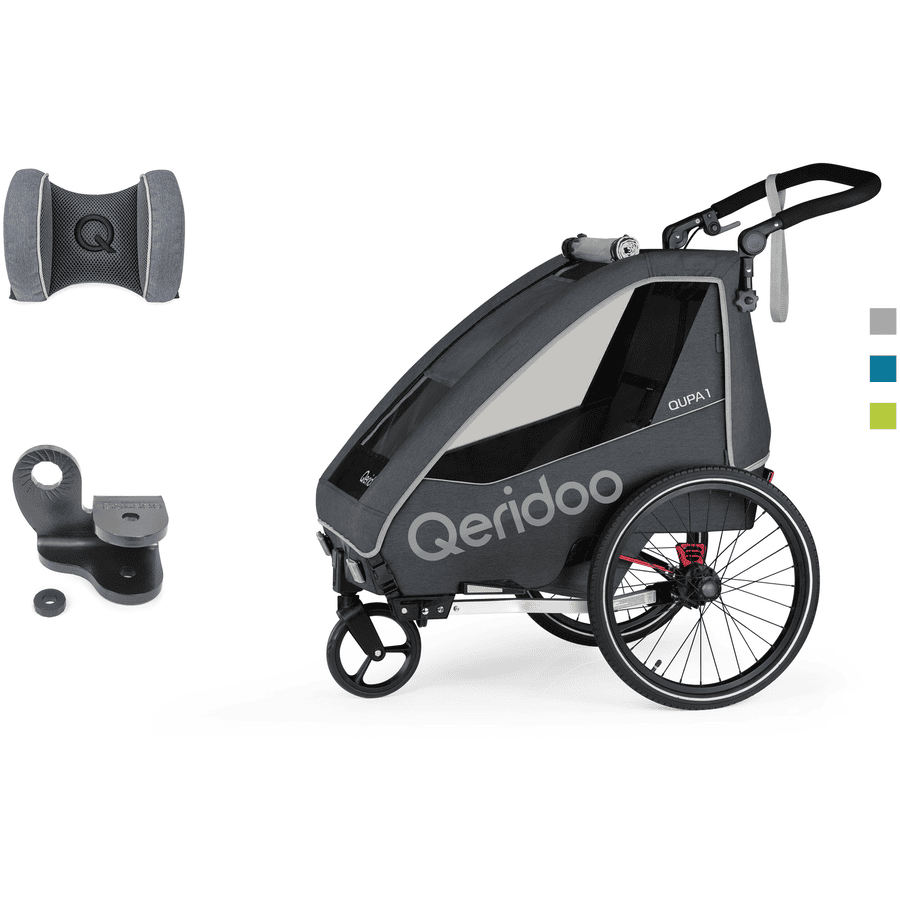 Qeridoo® Pyörävaunu QUPA 1 Grey sisältäen kytkimen ja niskatuen