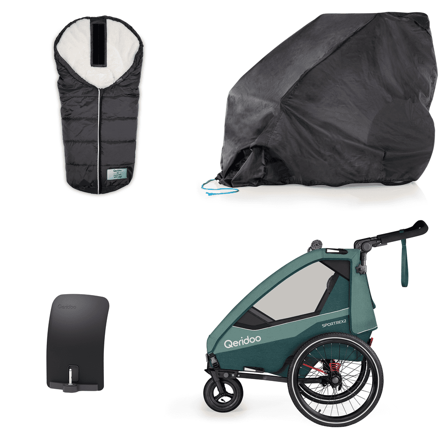 Limited Qeridoo® kinderfietskar Sportrex 2 Edition Mineral Blue Collection 2023 incl. spatlap, inklapbare garage en voetenzak