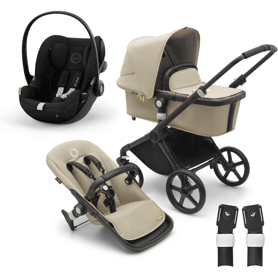 bugaboo Kinderwagen Fox Cub mit Liegeaufsatz und Sitz Black/Desert Beige inkl. cybex GOLD Babyschale Cloud G i-Size Moon Black und Adapter 