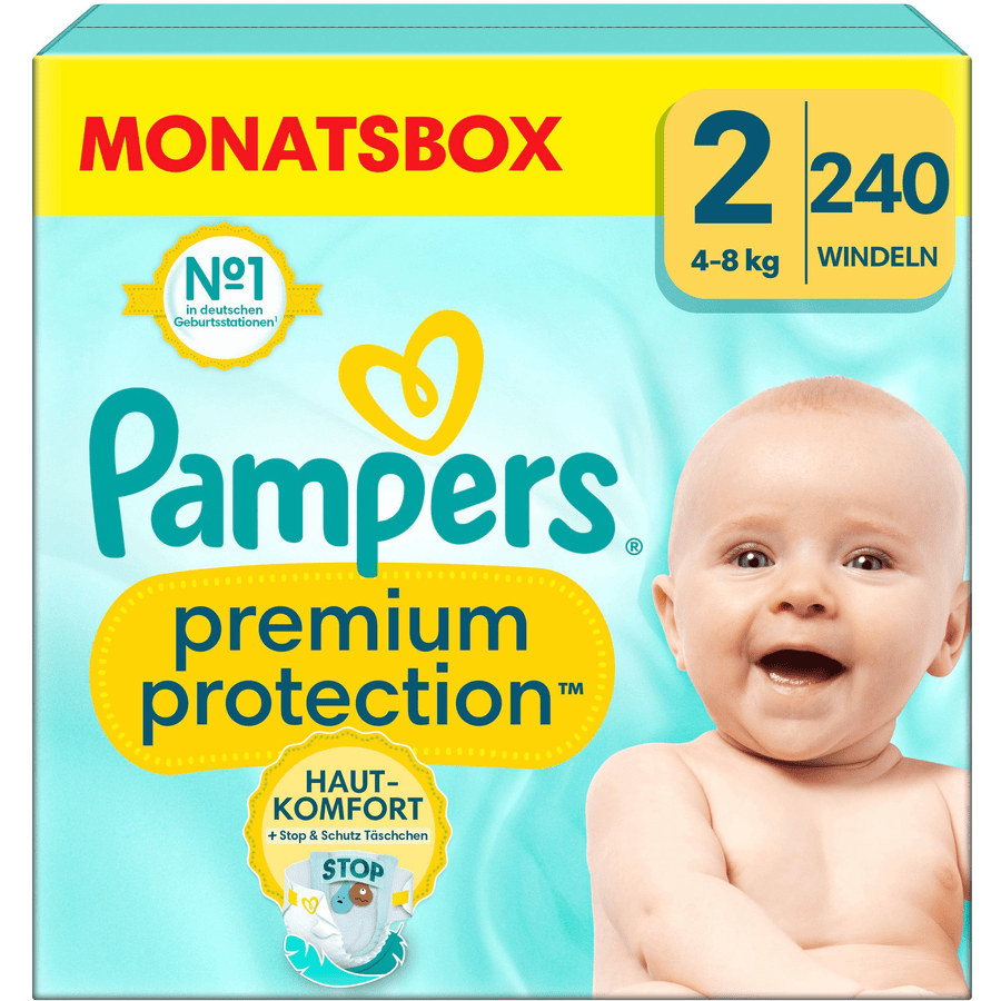Pampers Premium Protection , New Baby størrelse 2 Mini, 4-8kg, månedlig kasse (1x 240 bleer)
