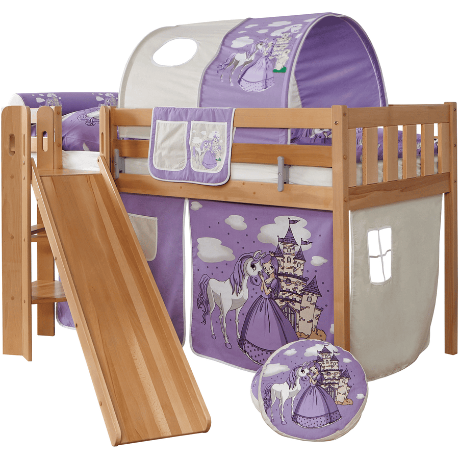 TiCAA Lit mezzanine toboggan enfant Ekki hêtre naturel Horse violet 90x200 cm
