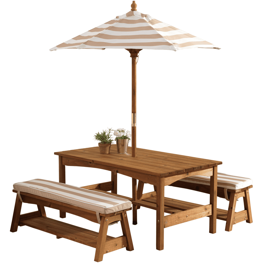 Kidkraft® Set tavolo e panche con cuscini e ombrellone beige
