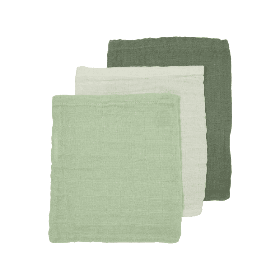 MEYCO Musselin Waschhandschuhe 3er-Pack Uni Offwhite/Soft Green/Forest Green