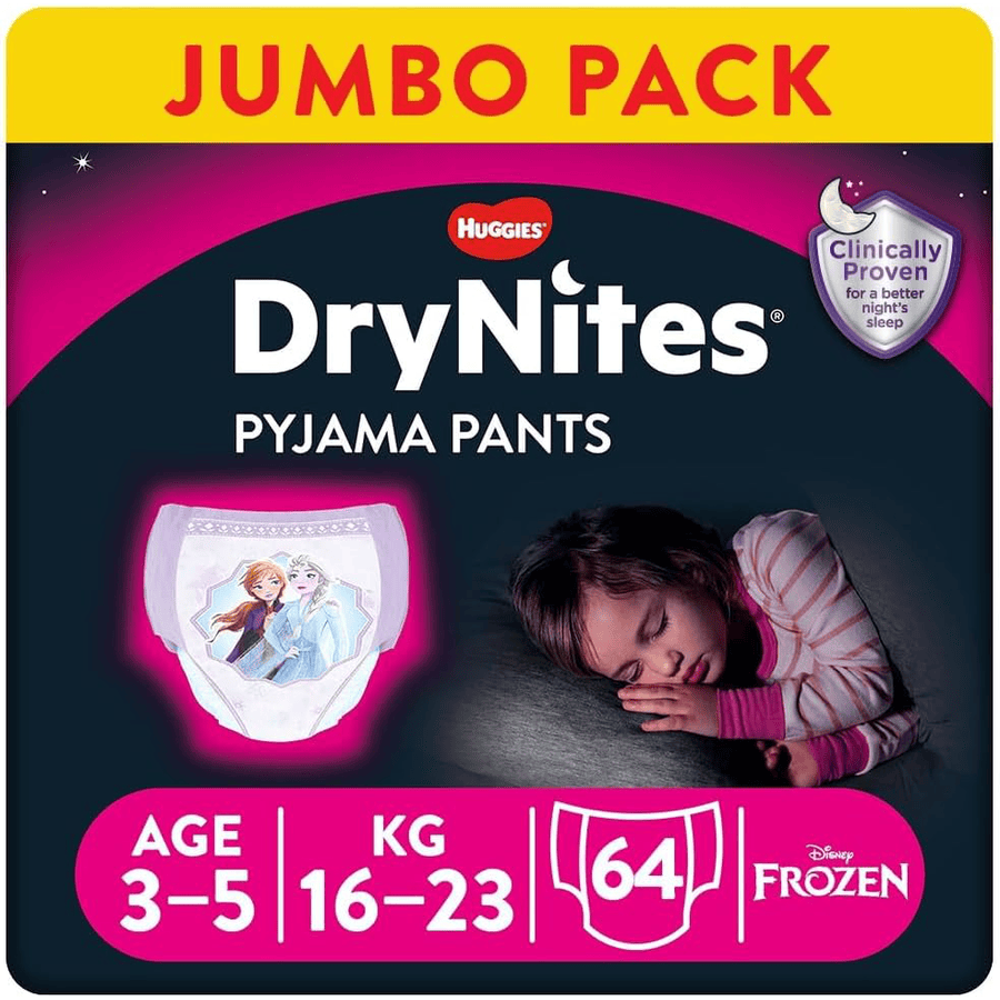 Huggies DryNites pyjamasbukser til engangsbrug til piger i Disney Design 3-5 år jumbopakke 4 x 16
