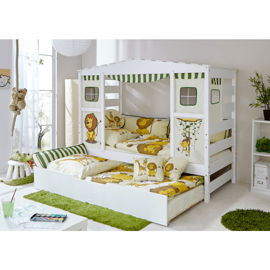 TiCAA Lit cabane gigogne enfant Safari beige/vert, deuxième lit 90x200 cm