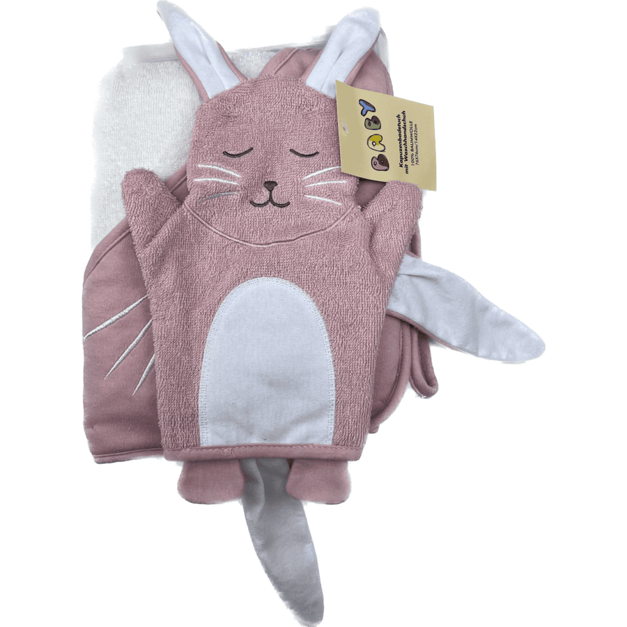 Hut geschenkset badhanddoek met capuchon en roze konijnen washandje