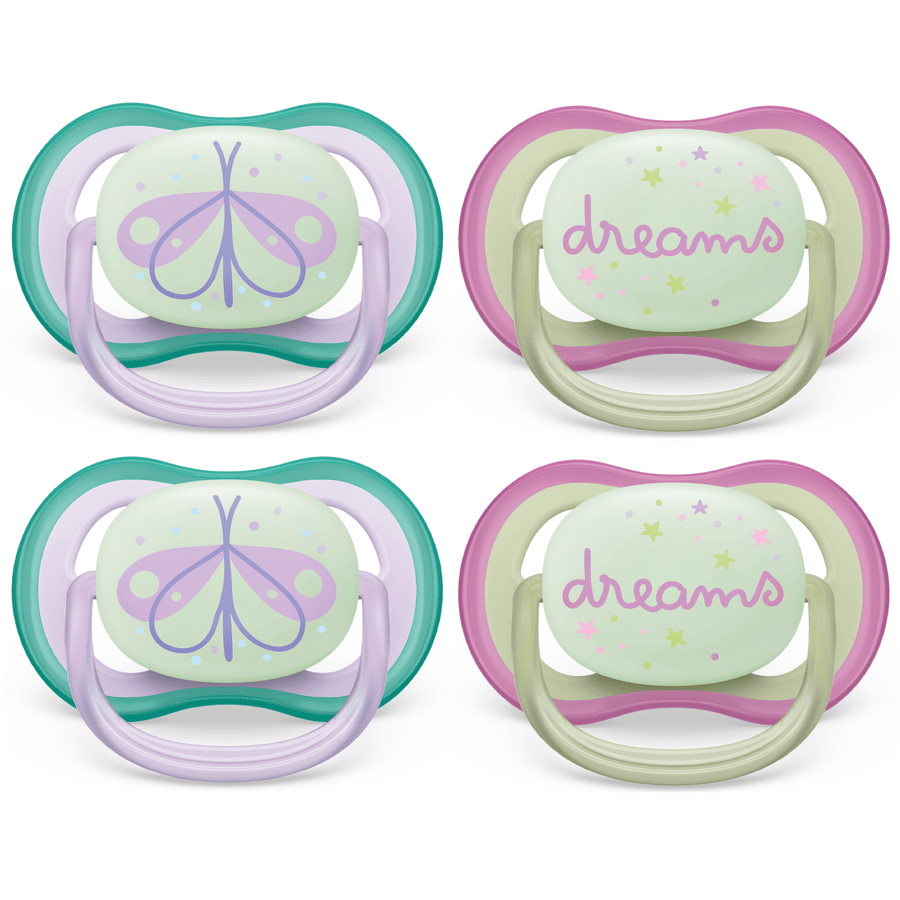 Philips Avent Sucettes nuit ultra air SCF085/58 0-6 mois silicone vert/violet, lot de 4