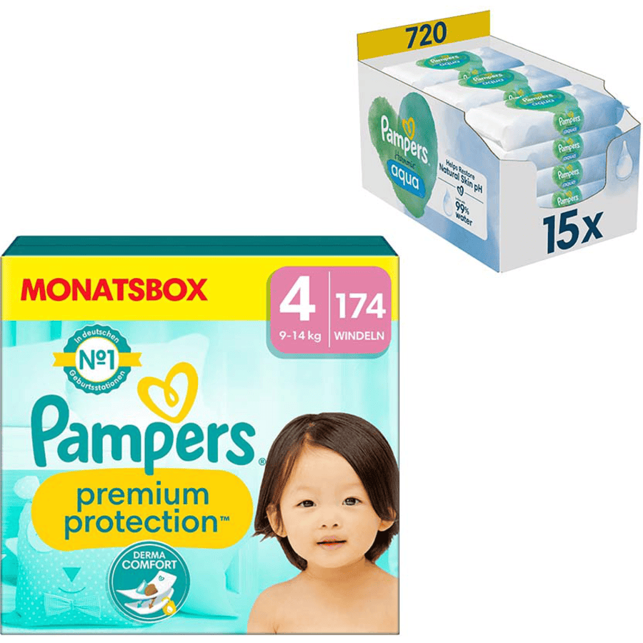 Pampers Premium Protection , koko 4 maxi, 9-14kg, kuukausipakkaus (1x 174 vaippaa) ja kosteuspyyhkeet Aqua 720 pyyhkeet (15 x 48 kpl).