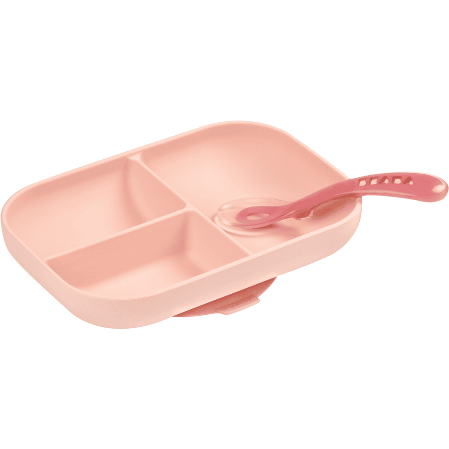 BEABA Set piatto e cucchiaio in silicone, età 2 anni,  rosa