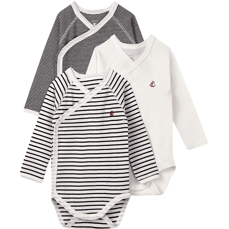 Petit Bateau Bodies bébé naissance manches longues blanc/bleu lot de 3