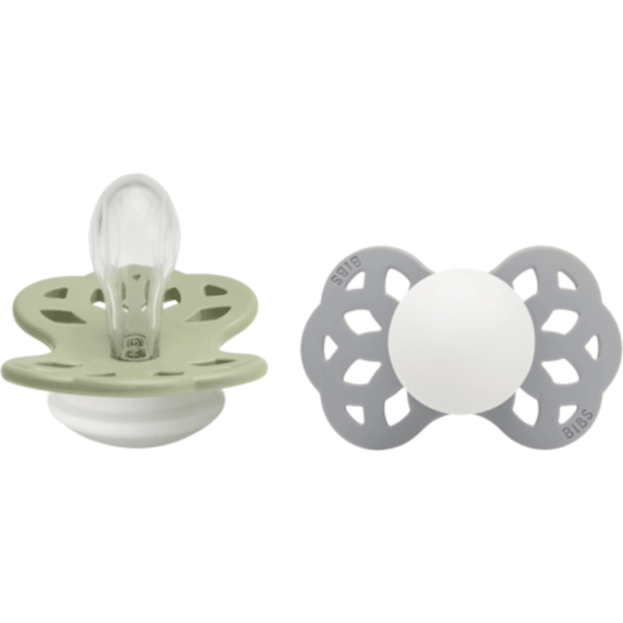 BIBS® Sucette phosphorescente Infinity Glow tétine symétrique 0-6 mois silicone Sage/Cloud lot de 2