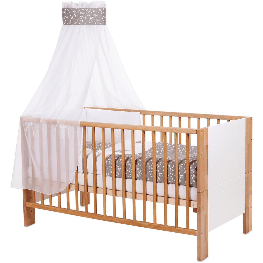 babybay ® Baldachim Piqué z tasiemką w gwiazdki, taupe biały