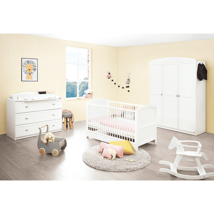 Pinolino Chambre bébé trio lit armoire 3 portes commode Laura bois blanc 70x140 cm