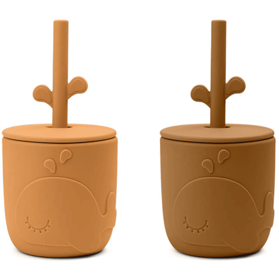 Done by Deer ™ Peekaboo Straw Cup Wally, żółty musztardowy, opakowanie 2 szt.