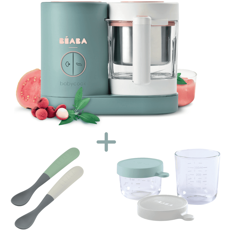 BEABA® Küchenmaschine Babycook Eucalyptus mit zwei Glasportionen und Babylöffel im 2er Set