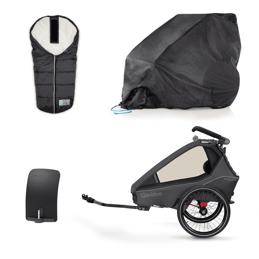 Qeridoo® Rimorchio per biciclette Kidgoo1 Steel Grey Collezione 2023 incl. parafango, telo copertura e coprigambe