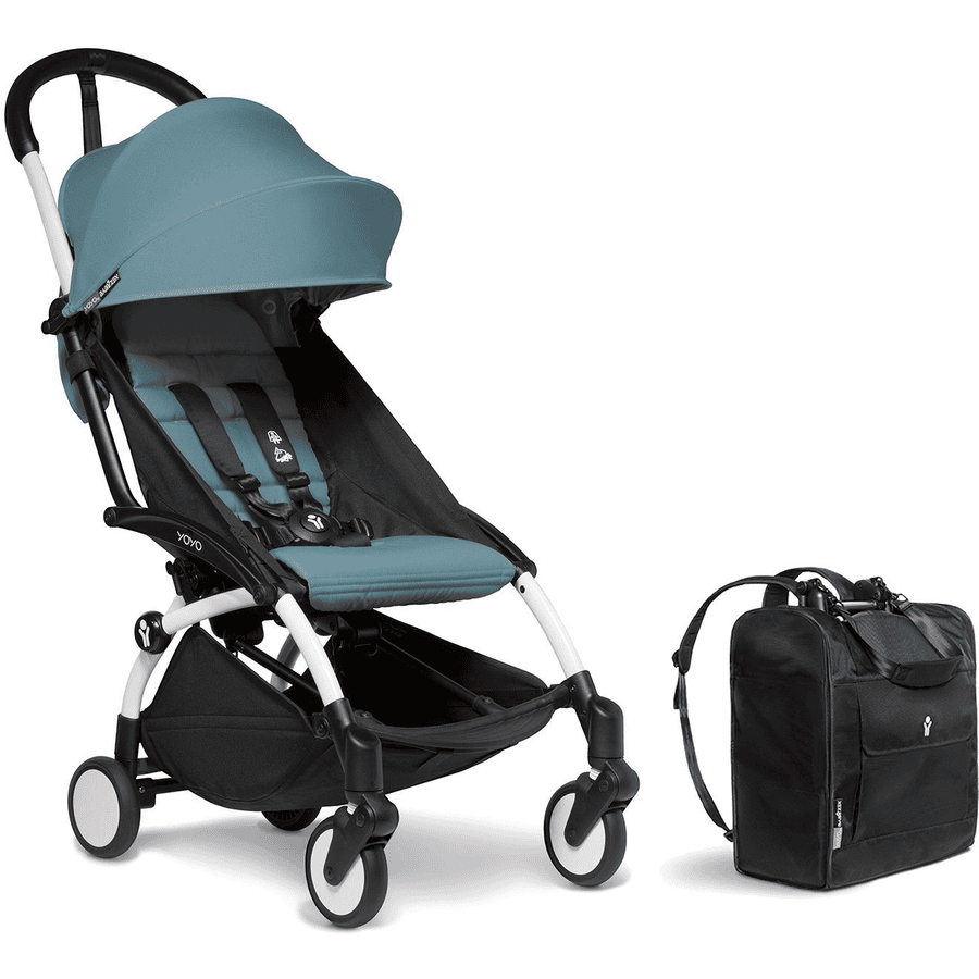 BABYZEN Kinderwagen YOYO2 6+ White mit Textilset Aqua und Backpack YOYO Black