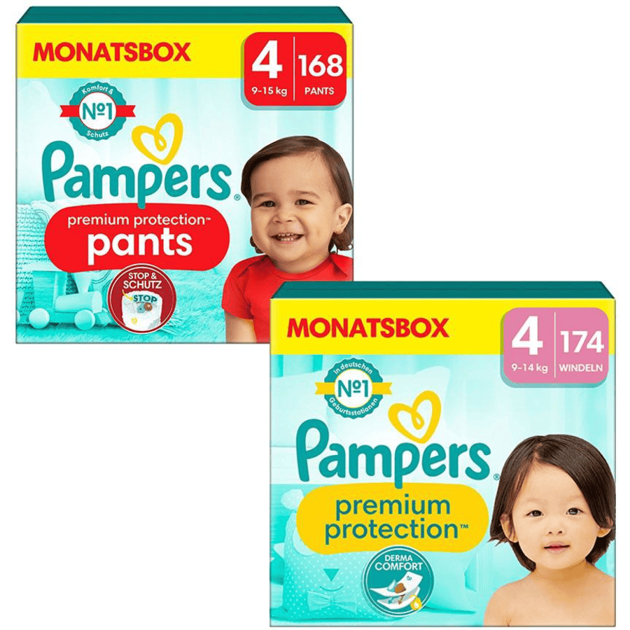 Pampers Set di Pannolini Premium Protection Pants, taglia 4, 9-15kg (168 pz.) e Pannolini Premium Protection, taglia 4 Maxi, 9-14kg (174 pz.)