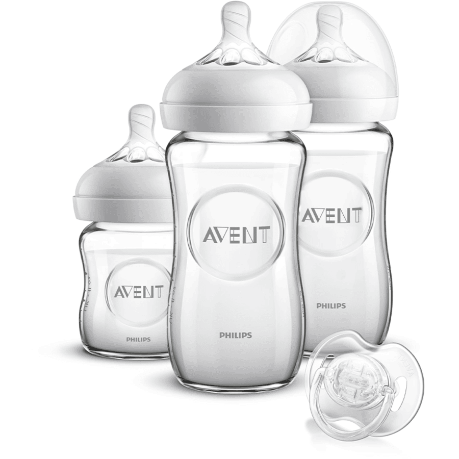 Philips Avent Natural Flaschen-Set Glas für Neugeborene SCD303/01, 3 Flaschen & Schnuller