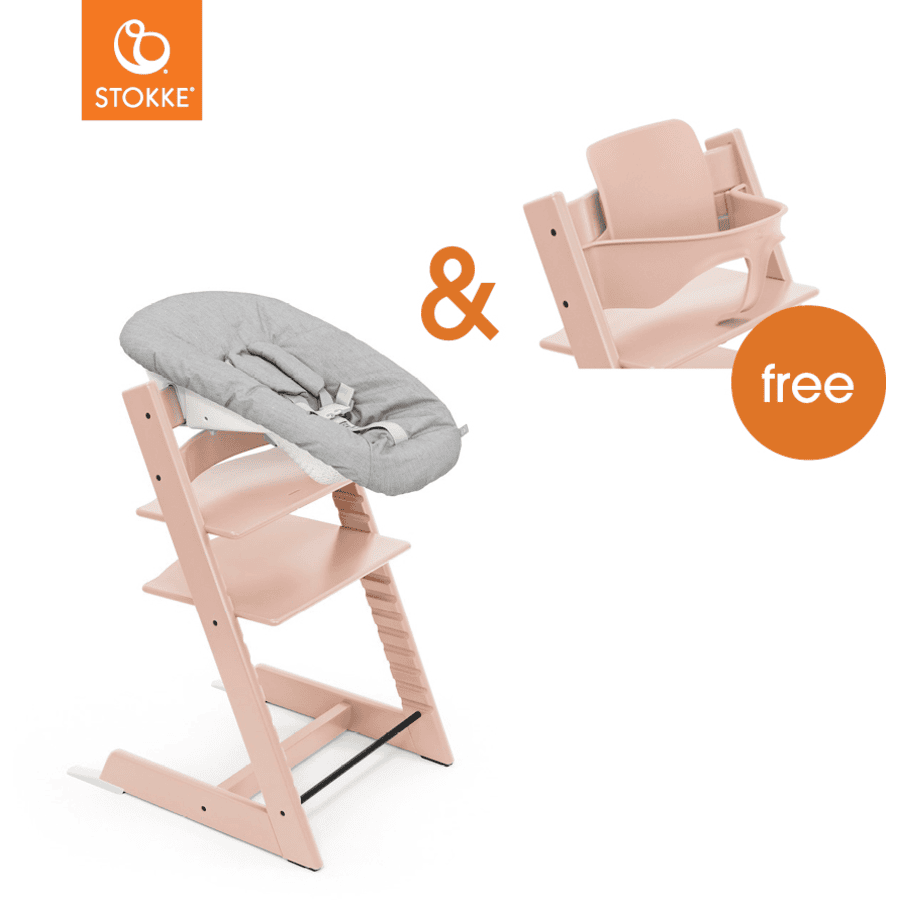 STOKKE® Mega Tripp Trapp® Set Hochstuhl Buche Serene Pink inkl. Newborn Set™ Grey + gratis Baby Set V2 Serene Pink