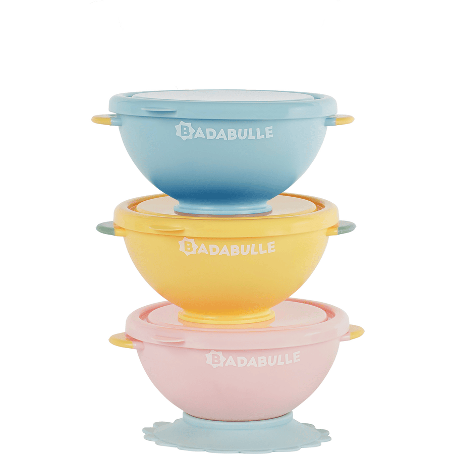 Badabulle Bowl Fun color Set di 3 ciotole con coperchio e ventosa