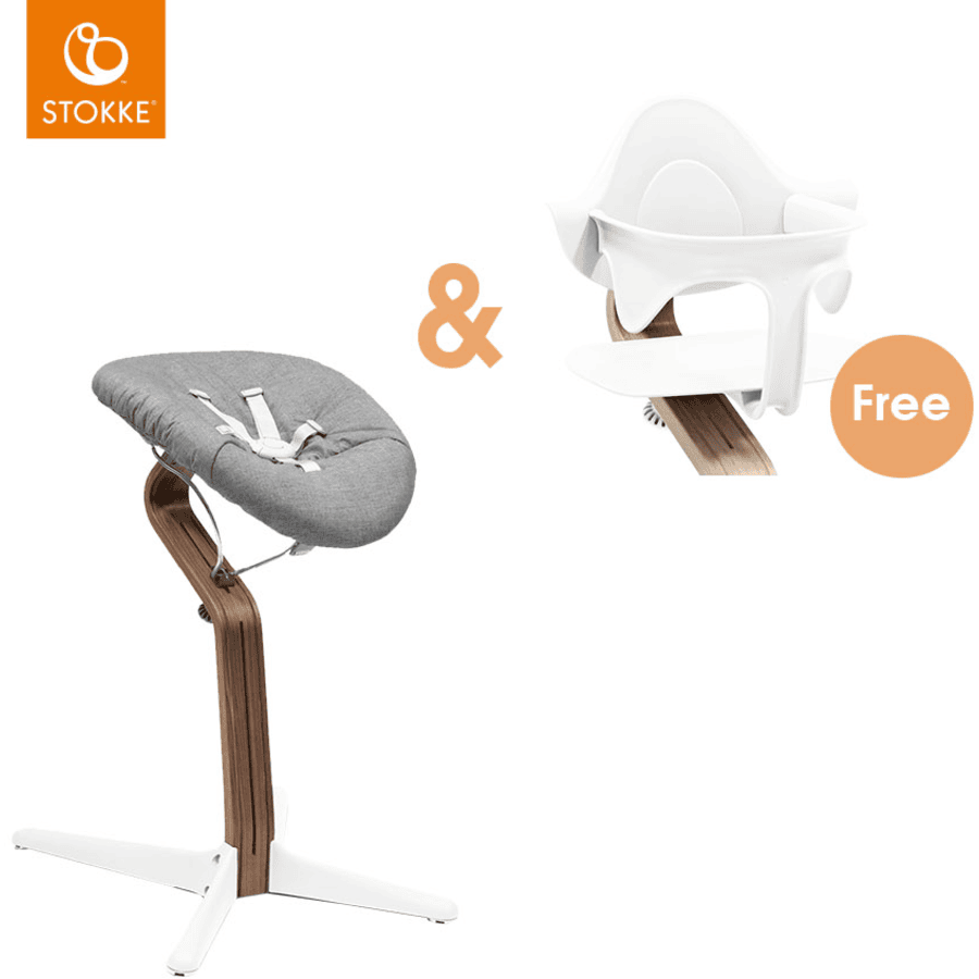 STOKKE® Nomi® Hochstuhl Walnuss / weiß inkl. Newborn Set weiß / grau sand + gratis Baby Set weiß