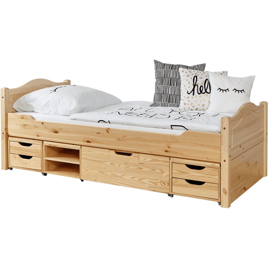 TiCAA Lit simple enfant Leni pin naturel 4 tiroirs 90x200 cm