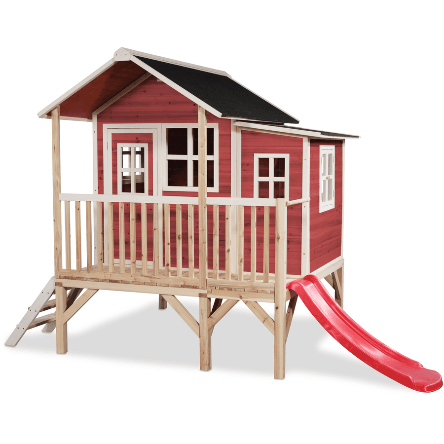 EXIT Maison cabane de jardin enfant toboggan Loft 350 bois rouge