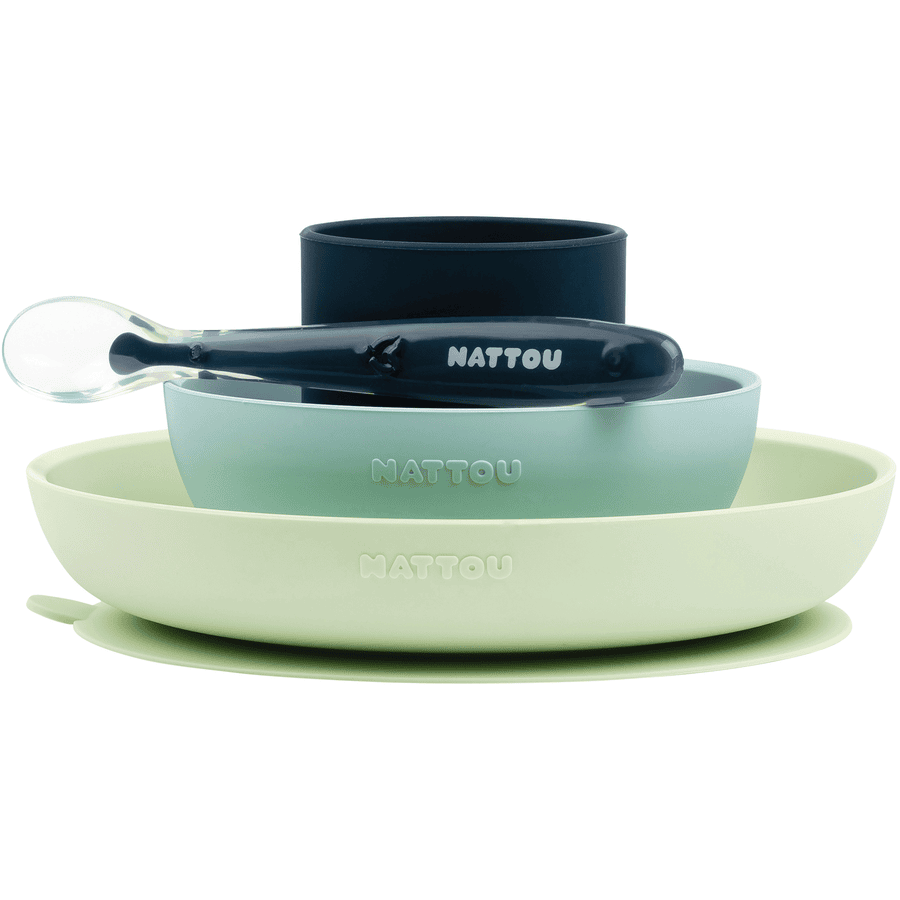 Nattou Kit vaisselle enfant vert/bleu 4 pièces