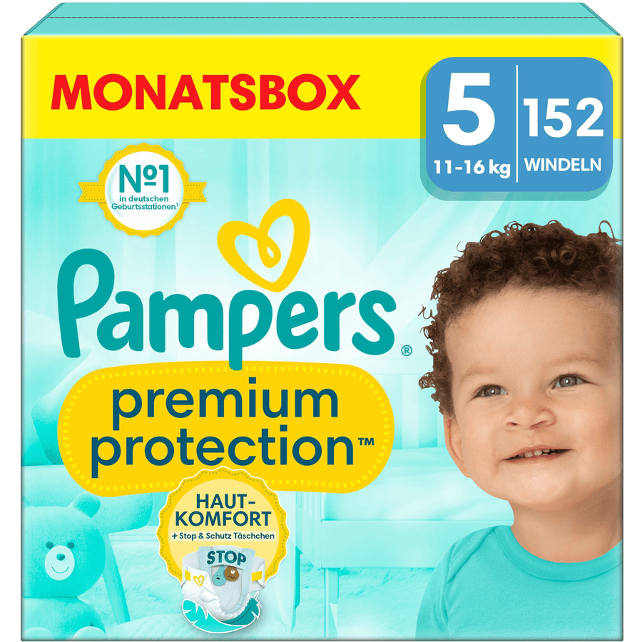 Pampers Premium Protection, taglia 5 Junior, 11-16kg, confezione mensile da 152 pannolini